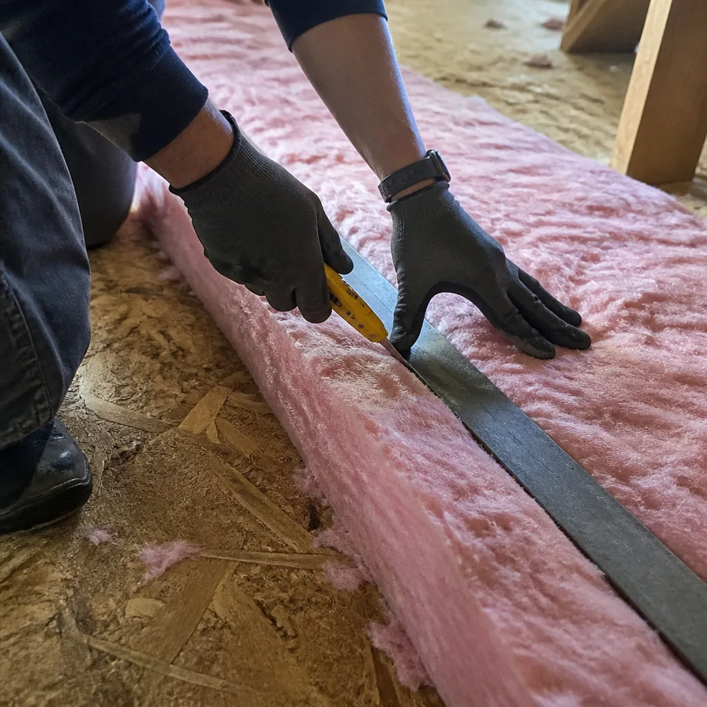 Professional cutting pink fiberglass attic insulation with a utility knife