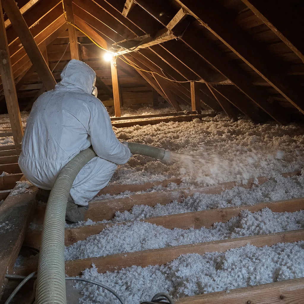 Technician installing blown-in attic insulation with professional equipment.