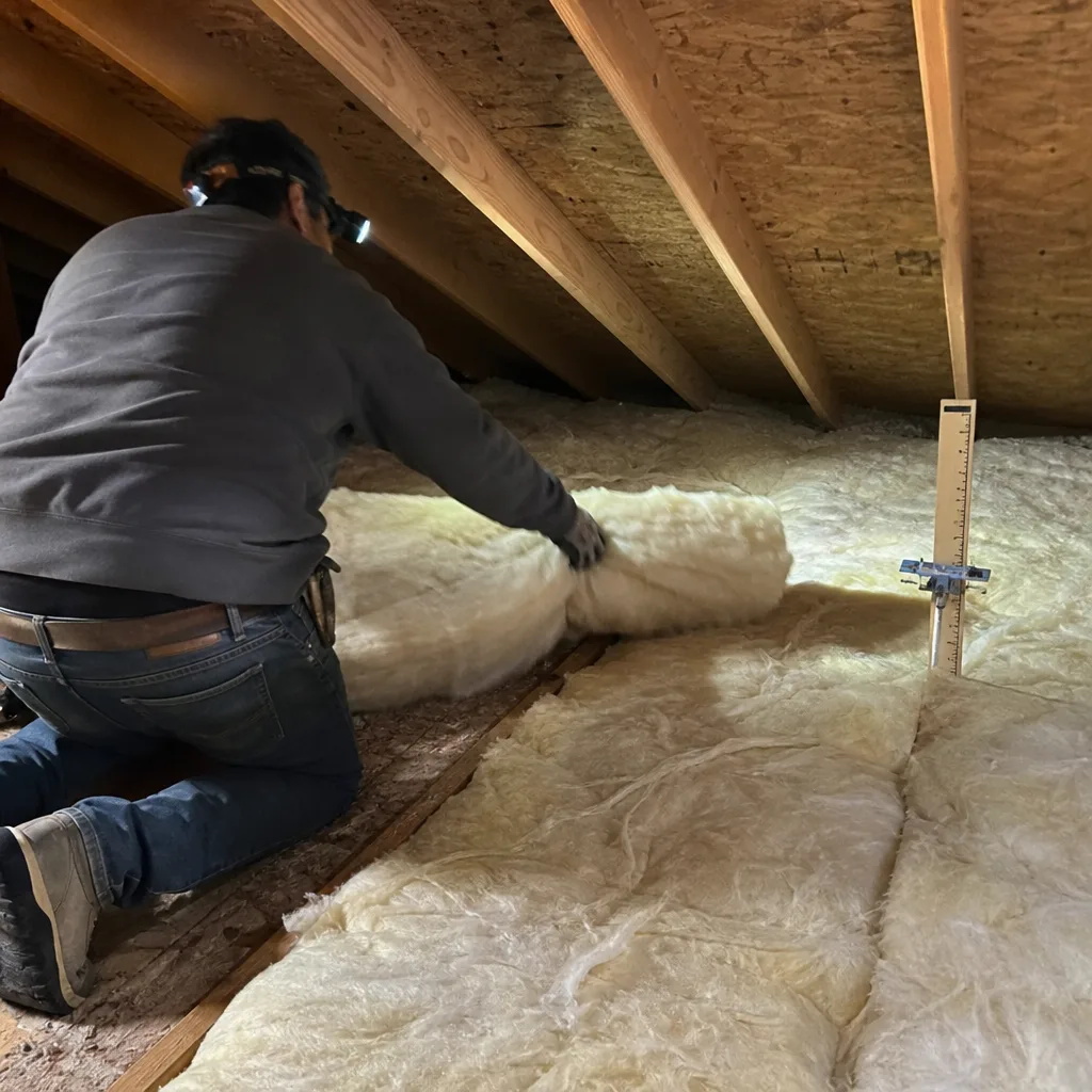 Professional technician installing new fiberglass insulation in a residential home attic