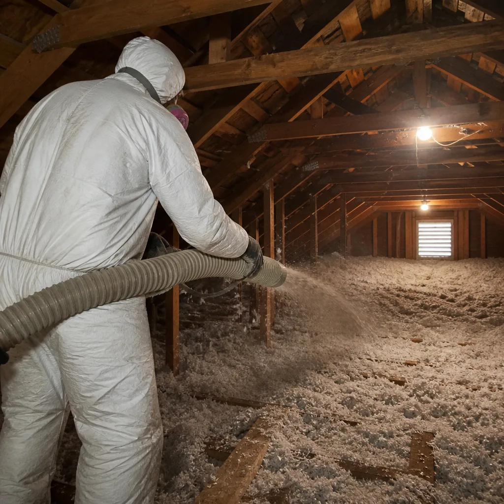 Technician installing blown-in attic insulation for energy efficiency