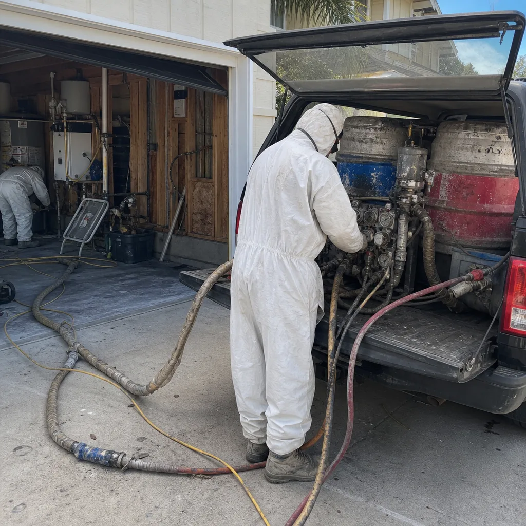 Contractor applying professional spray foam insulation from a service vehicle.