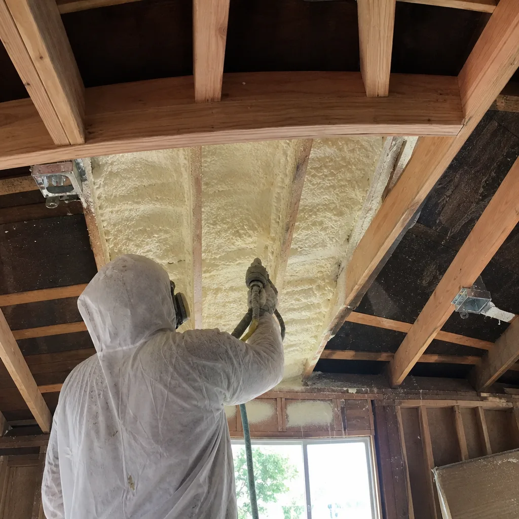 Professional contractor applying spray foam insulation to ceiling rafters