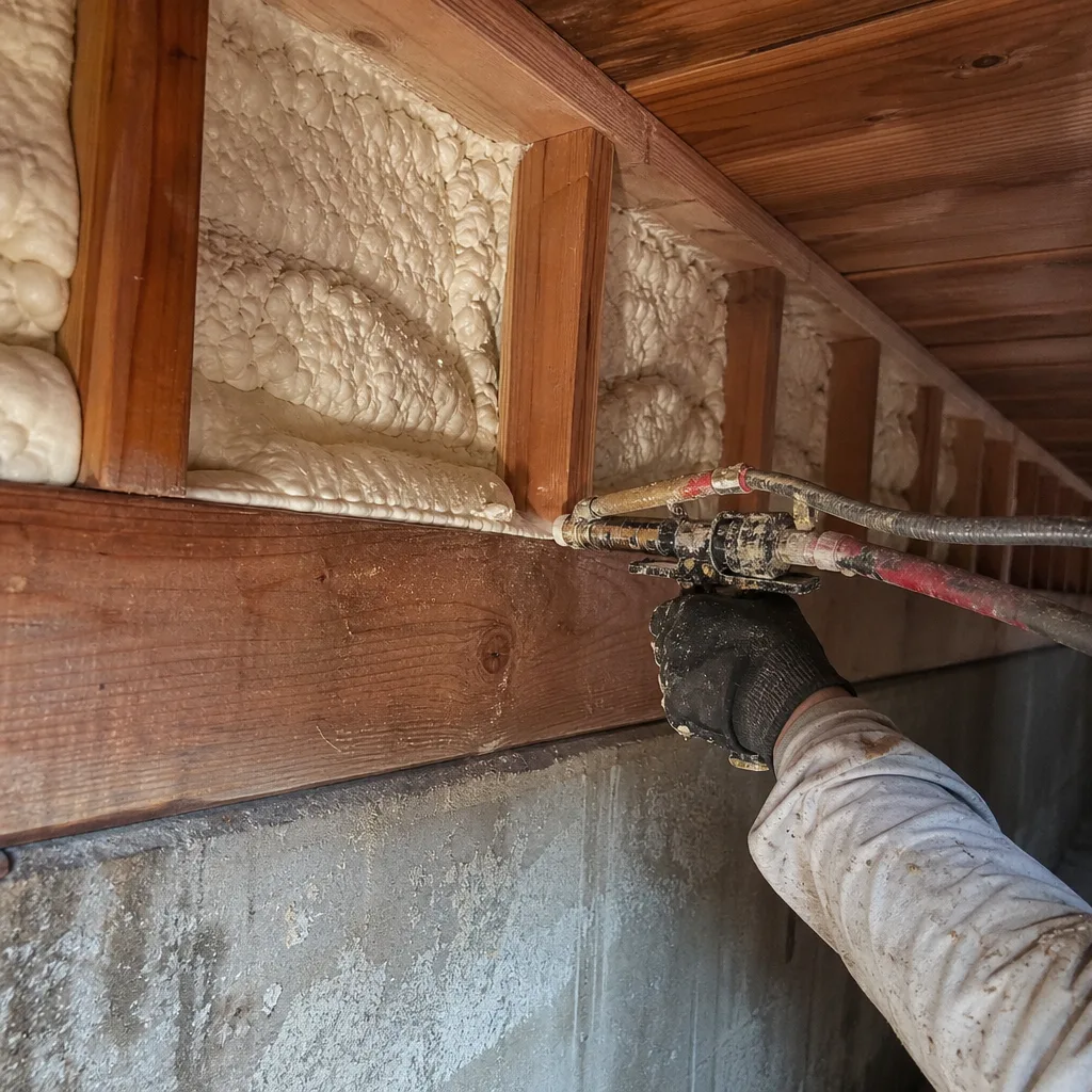 Professional applying spray foam insulation to basement rim joists
